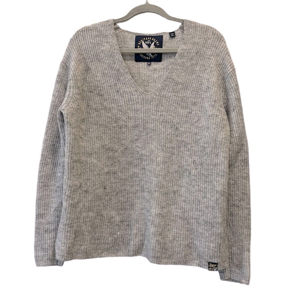 Superdry Gray Wool Blend Vneck Slouch Sweater US 6 Winter Cozy​​​​​